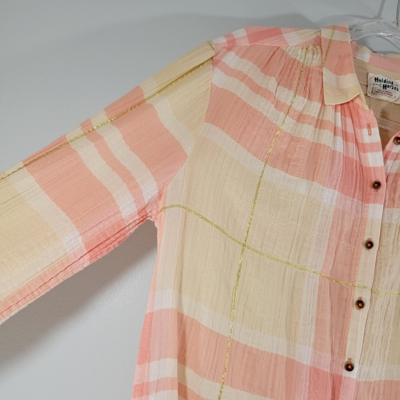 Anthro HOLDING HORSES Gailen pink plaid metallic stripe gauzy button down blouse - Picture 7 of 10